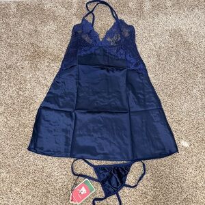 Ababoon Navy Satin Lace Babydoll Lingerie Set – Small – NWT
